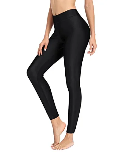 Women Swimming Leggings High Waisted Upf 50+ Rash Guard Swimsuit Pants-Black Solid Color Swimsuit