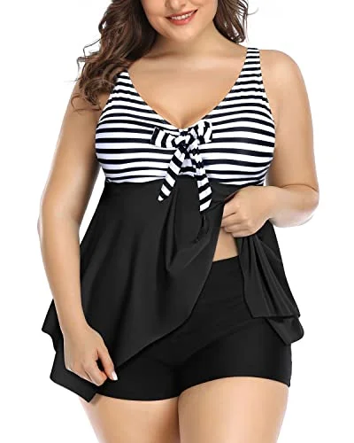 Plus Size V Neck Tankini Swimsuits For Women With Boy Shorts-Black And White Stripe Classic Swimsuit Design