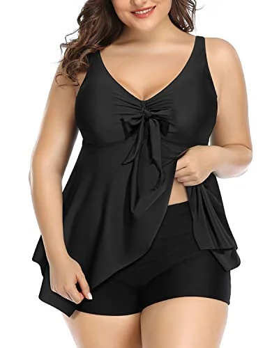 Plus Size Tankini Swimsuits For Women With Shorts Bathing Suits-Black Push-Up Bikini Top