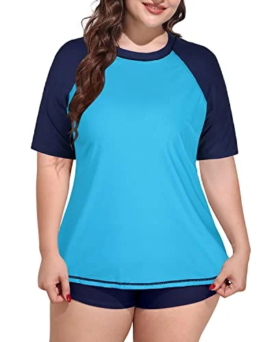 Plus Size Women's Loose Short Sleeved Rash Guard Swimsuit-Aqua Sexy Two-Piece Set