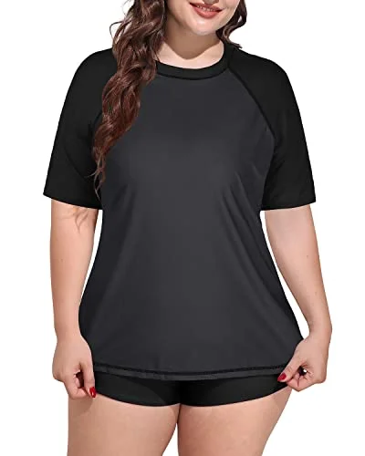 Short Sleeved Women's Plus Size Rash Guard Swimsuit With Boyshorts-Grey And Black Mesh Detail Bikini