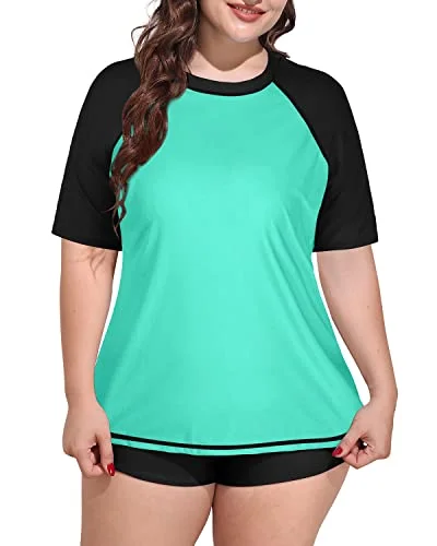 Plus Size Women's Crew Neck Rash Guard Swimsuit-Light Green Black Elegant Ruffled Bikini