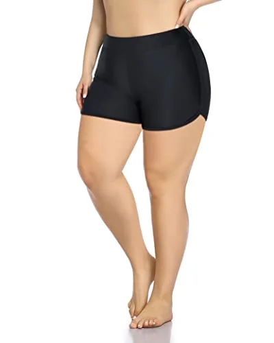 Full Coverage & Tummy Control Swim Shorts For Women Plus Size-Black Mesh Panel Swimwear