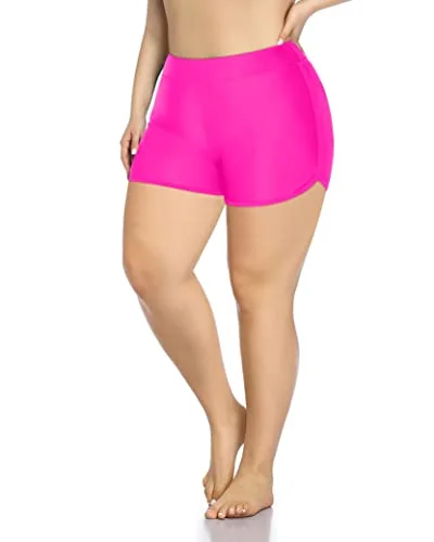 Plus Size Nylon & Spandex Swim Board Shorts-Neon Pink Chic Beach Cover-Up