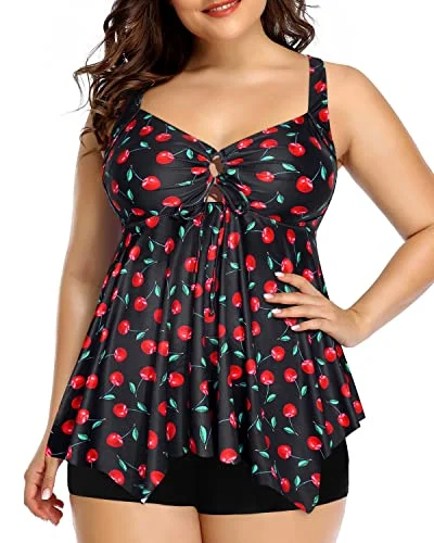 Flowy Top Loose Fit Plus Size Tankini Swimsuits For Women-Black Cherry Beach Ready Swimsuit