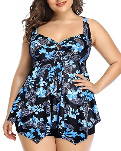 Plus Size Adjustable Shoulder Strap Tankini Swimsuits For Women-Black Floral Playful Pattern Swimsuit