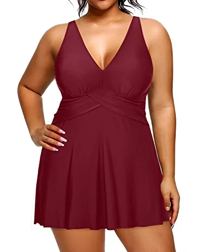 V Neck Women One Piece Swimdress With Built In Swim Brief Under Skirt-Maroon Color-Block Bikini