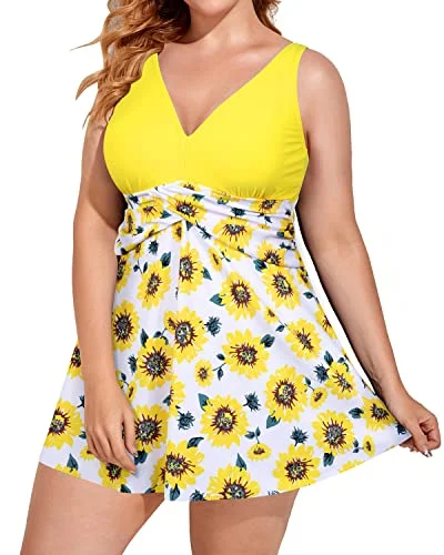 V Neck Plus Size Swim Dress With Tummy Control Bathing Suit-Yellow Floral Push-Up Bikini Bottoms