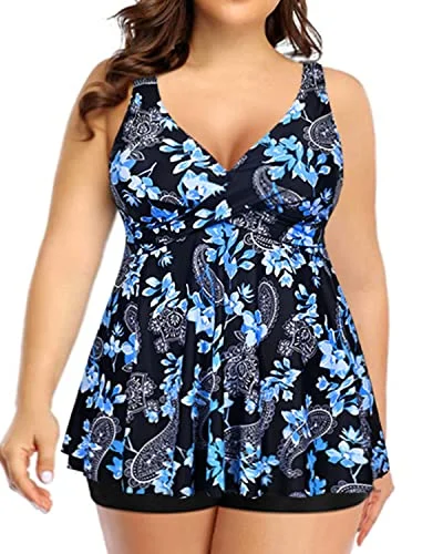 Twist Front Tankini Swimsuit For Maternity Women-Black Floral Sexy Swimwear Set