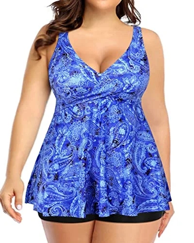 Plus Size High Waisted Boy Shorts Tankini Swimsuit For Women-Blue Tribal Halter Neck Swimsuit