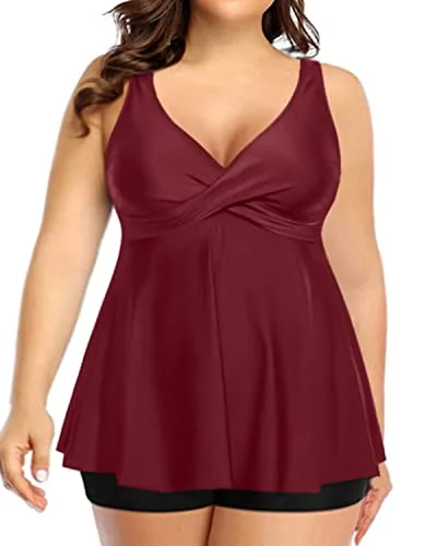 Flowy Plus Size Tankini Swimsuit Tummy Control Bathing Suits For Women-Maroon High-Waisted Swim Bottoms