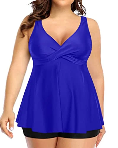 Twist Front Two Piece Plus Size Tankini Swimsuit For Juniors-Royal Blue And Black Vibrant Bikini Design