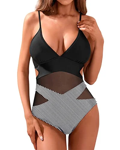 Women's Sexy Mesh Patchwork Cutout Monokini Swimsuit-Black Stripe Cross-Back Bikini