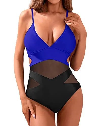 V Neck Sexy Mesh High Waisted Monokini Cutout Swimwear For Women-Royal Blue And Black Strapless Swimsuit Top