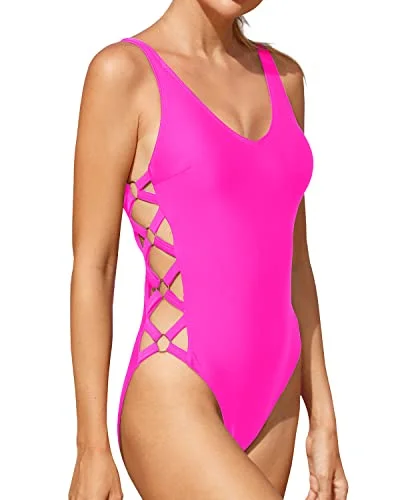 Criss Cross One-Piece Swimsuit Sexy Criss Cross Bathing Suit-Neon Pink Comfortable Swim Dress