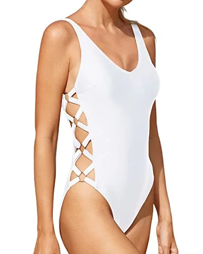 High Cut Push Up One Piece Swimsuit For Women Strappy Criss Cross Monokini-White Stylish Cover-Up Set