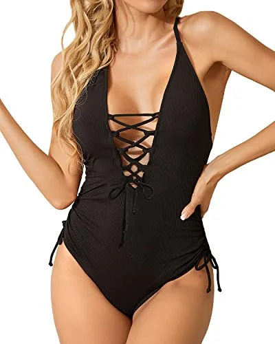 Women Sexy One Piece Swimsuit Plunge V Neck Lace Up Swimwear-Black Comfortable Swim Shorts