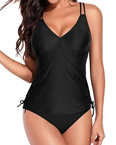 Criss Cross Ruched Tankini Swimsuits For Women-Black Color-Block Bikini