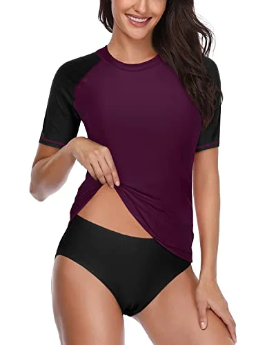 Short Sleeve Women's Two Piece Swimsuits Upf 50+ Spf Rash Guard-Purple Classic Monokini Design