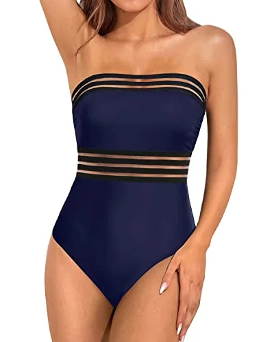 Bandeau Tube Swimswear Slimming Strapless One Piece Swimsuit For Women-Navy Blue Button-Front Swimsuit