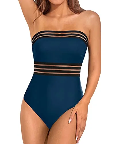 One Piece Slimming Bandeau Tube Swimswear With Tummy Control-Teal V-Neck Swim Dress