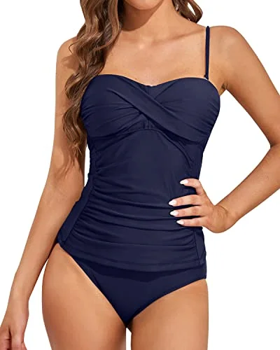 Flattering Bandeau Tankini Swimsuits For Women-Navy Blue Push-Up Swimsuit Top