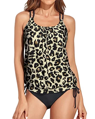 Loose Fitting Blouson Tankini Bathing Suits For Women-Black And Leopard Floral Bikini Top