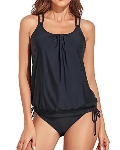 Athletic Blouson Tankini Top With Bikini Bottom Tummy Control Swimsuits-Black Trendy Swimwear Set