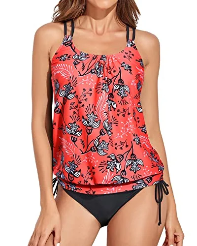 Mid Rise Blouson Tankini Bathing Suits For Women-Red Floral Deep-V Swimsuit Design