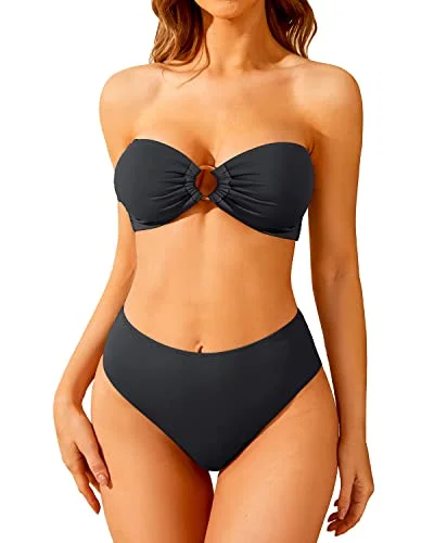 Women's Two Piece Bandeau Swimsuit High Waisted Bikini Set Button-Front Swimsuit