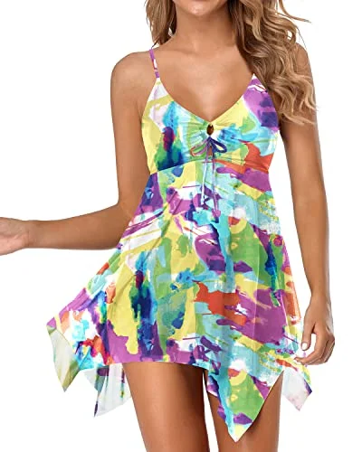 Women Flowy Swim Dress With Boy Shorts Two Piece Swim Dress-Color Tie Dye Modern High-Waisted Swimsuit