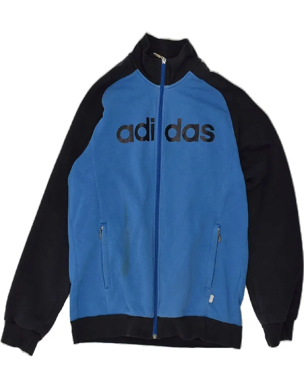 ADIDAS Womens Graphic Tracksuit Top Jacket UK 14 Medium Blue Cotton Hooded Jacket Caped Jacket Shawl Collar Jacket