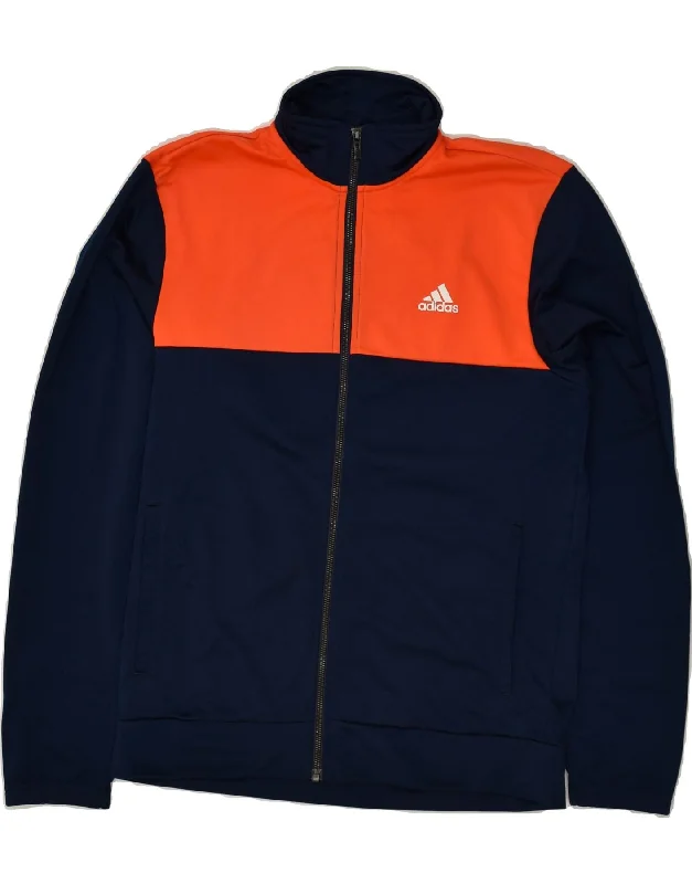 ADIDAS Womens Tracksuit Top Jacket UK 16 Large Navy Blue Colourblock Satin Fabric Silk Fabric Chiffon Fabric