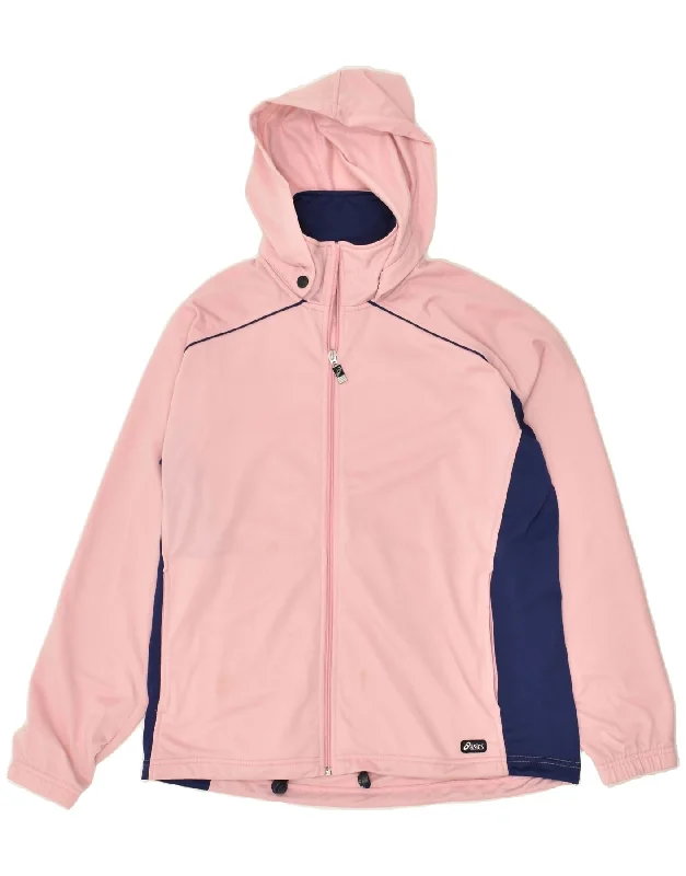 ASICS Womens Hooded Tracksuit Top Jacket UK 18 XL Pink Colourblock Satin Fabric Silk Fabric Chiffon Fabric