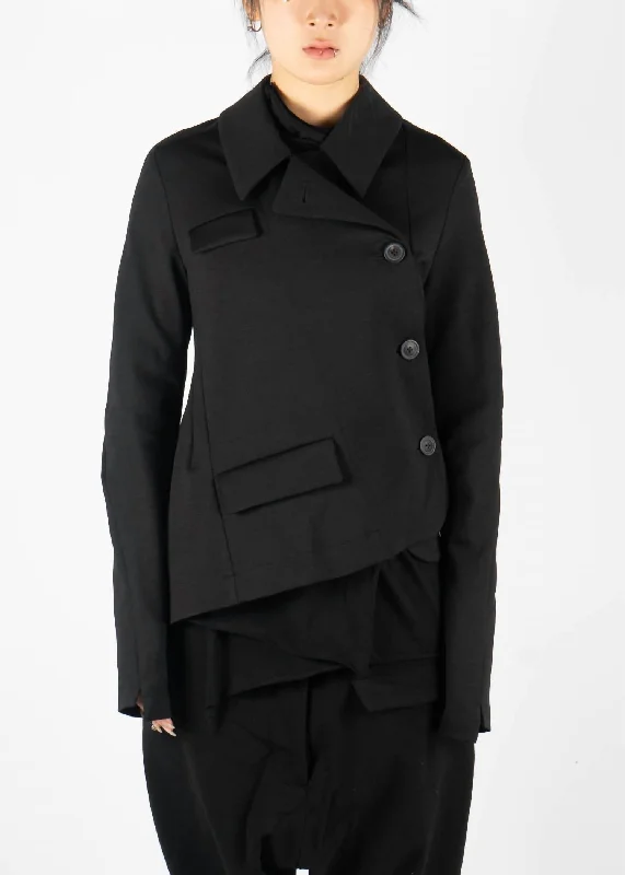 Asymmetrical Jacket In Black Front Pockets Side Pockets Patch Pockets