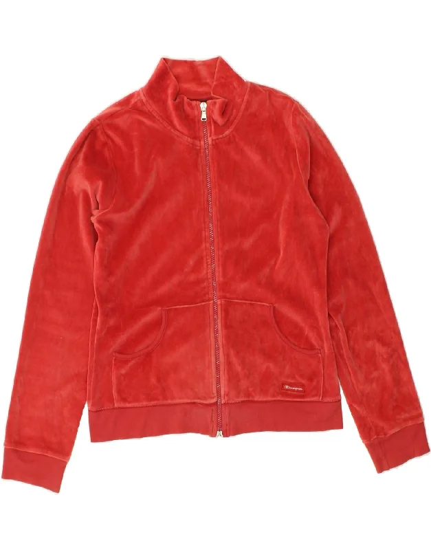 CHAMPION Womens Tracksuit Top Jacket UK 14 Large Red Cotton Belted Jacket Elasticated Jacket Padded Jacket