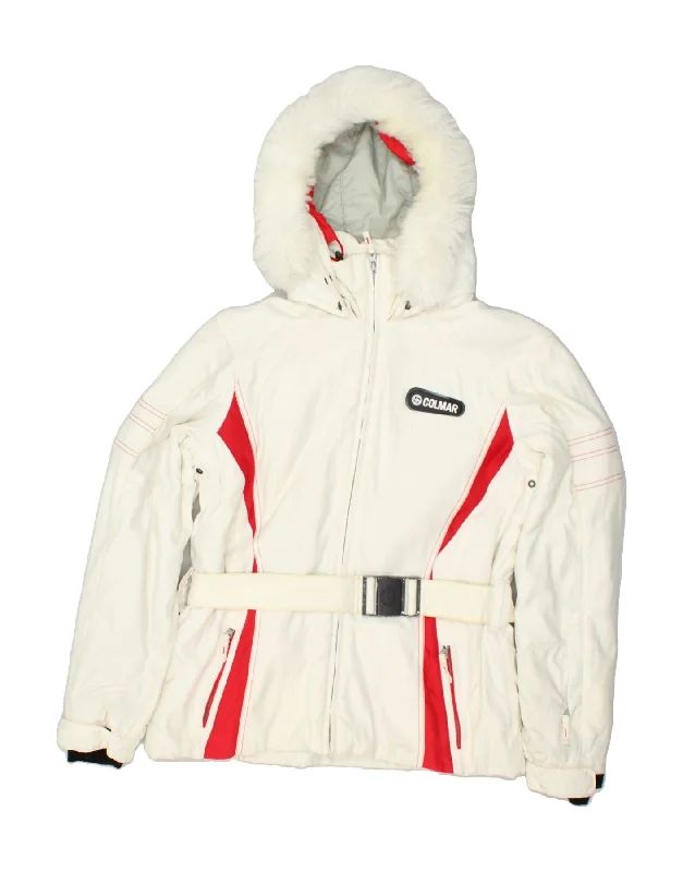 COLMAR Womens Hooded Ski Jacket IT 42 Medium White Knit Fabric Woven Fabric Fleece Fabric