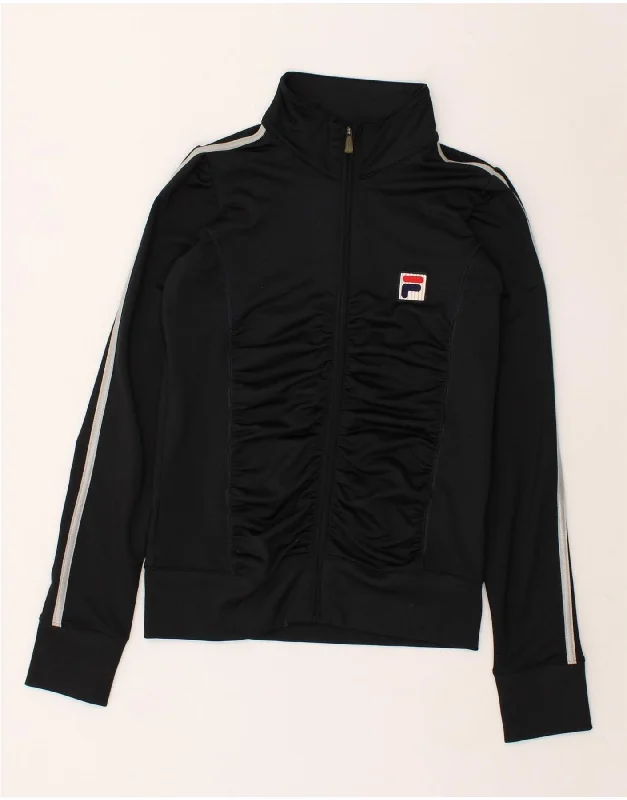 FILA Womens Tracksuit Top Jacket UK 12 Medium Black Polyester Front Pockets Side Pockets Patch Pockets