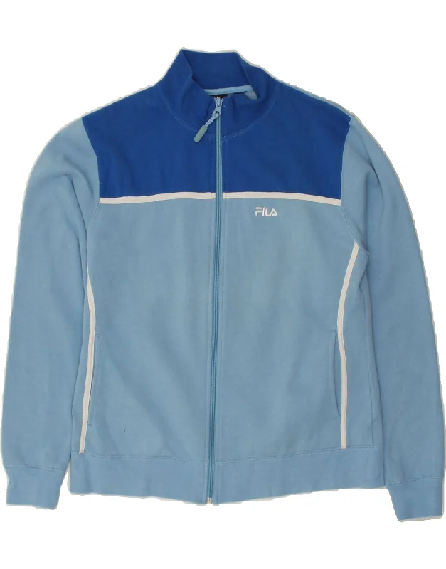 FILA Womens Tracksuit Top Jacket UK 14 Large Blue Colourblock Cotton Zip Front Button Front Snap Front