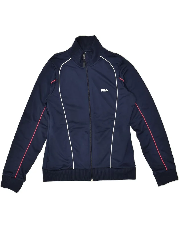 FILA Womens Tracksuit Top Jacket UK 14 Large Navy Blue Satin Jacket Silk Jacket Chiffon Jacket