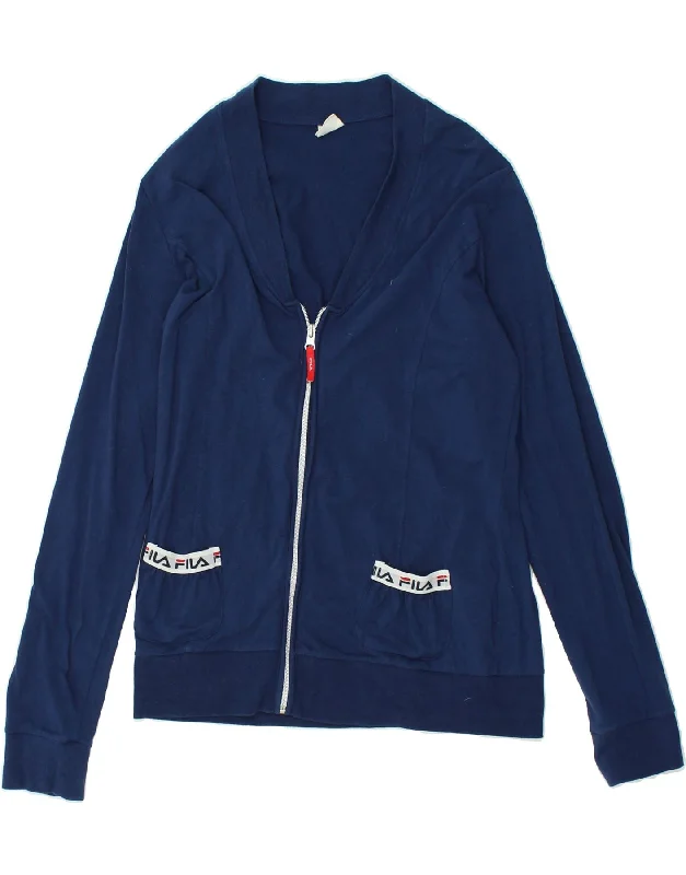 FILA Womens Tracksuit Top Jacket UK 16 Large Navy Blue Cotton Tailored Jacket Straight Jacket A-Line Jacket