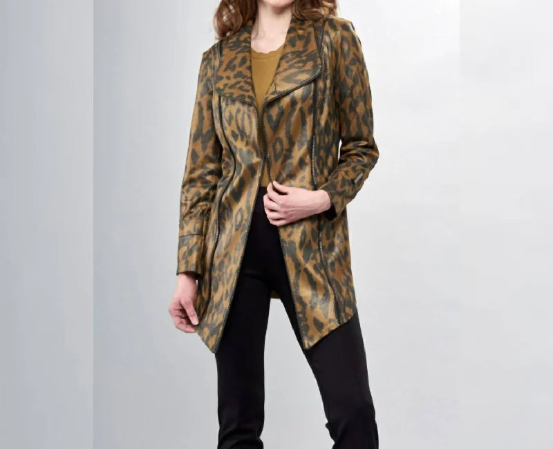 Liquid Sage Leopard Print Long Metal Jacket Welt Pockets Slit Pockets Flap Pockets