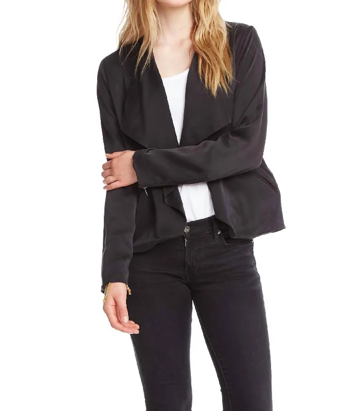 Open Front Collarless Jacket W Zippers In True Black Cardigan Sweater Pullover