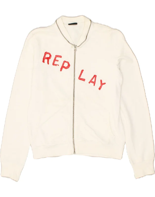 REPLAY Womens Graphic Tracksuit Top Jacket UK 12 Medium White Cotton A-Line Jacket Boat Neck Shawl Collar