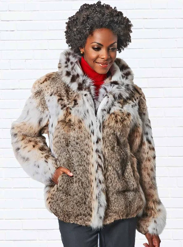 Natural Bobcat Fur Jacket with Hood Plaid Jacket Tartan Jacket Houndstooth Jacket