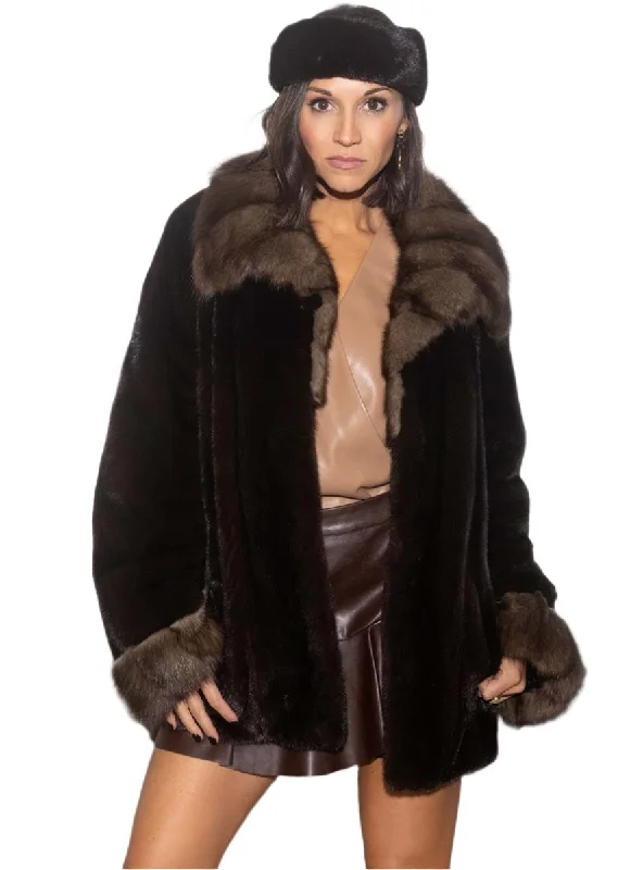 Mink Fur Jacket with Sable Collar and Cuffs Anorak Shell Jacket Lightweight Jacket