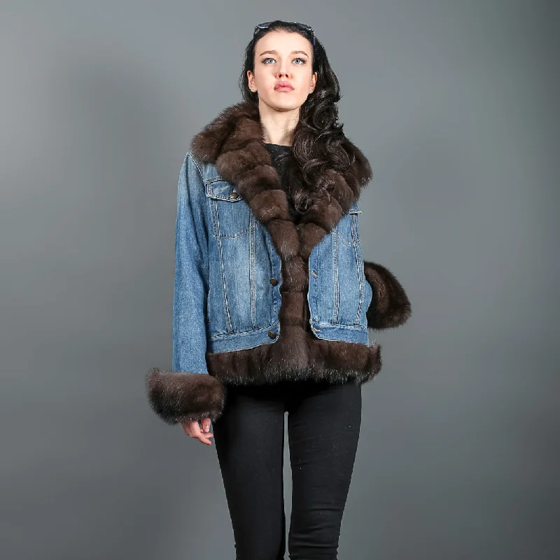 Sable Fur and denim luxury women's jacket Notch Collar Peter Pan Collar Cowl Neck