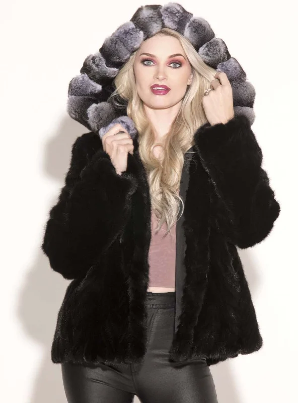 Ranch Sectioned Mink Fur Jacket with Chinchilla Fur Trim Hood Chenille Jacket Brocade Jacket Lace Jacket