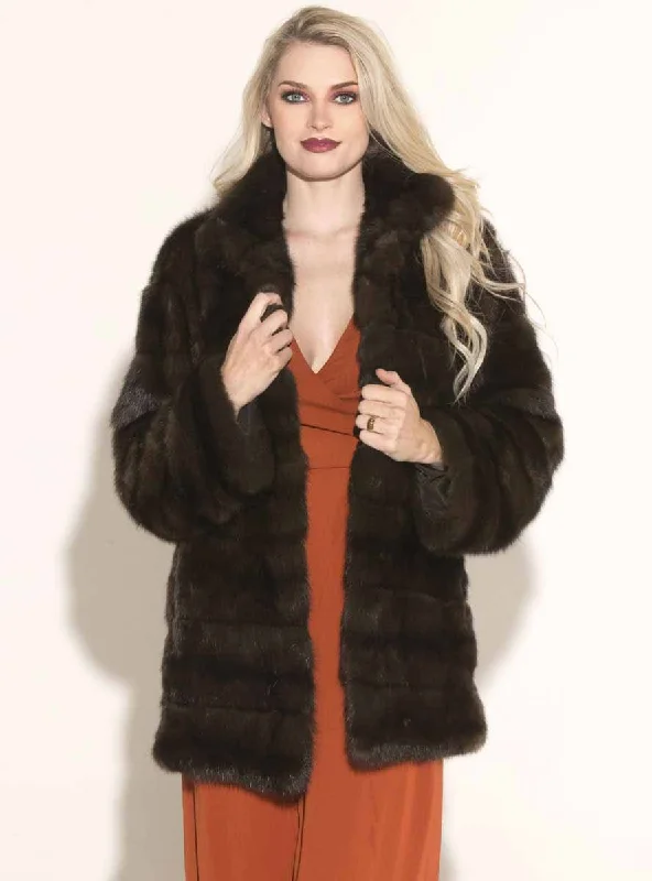 Sable Fur Jacket with Horizontal Pattern Boat Neck Shawl Collar Notched Collar