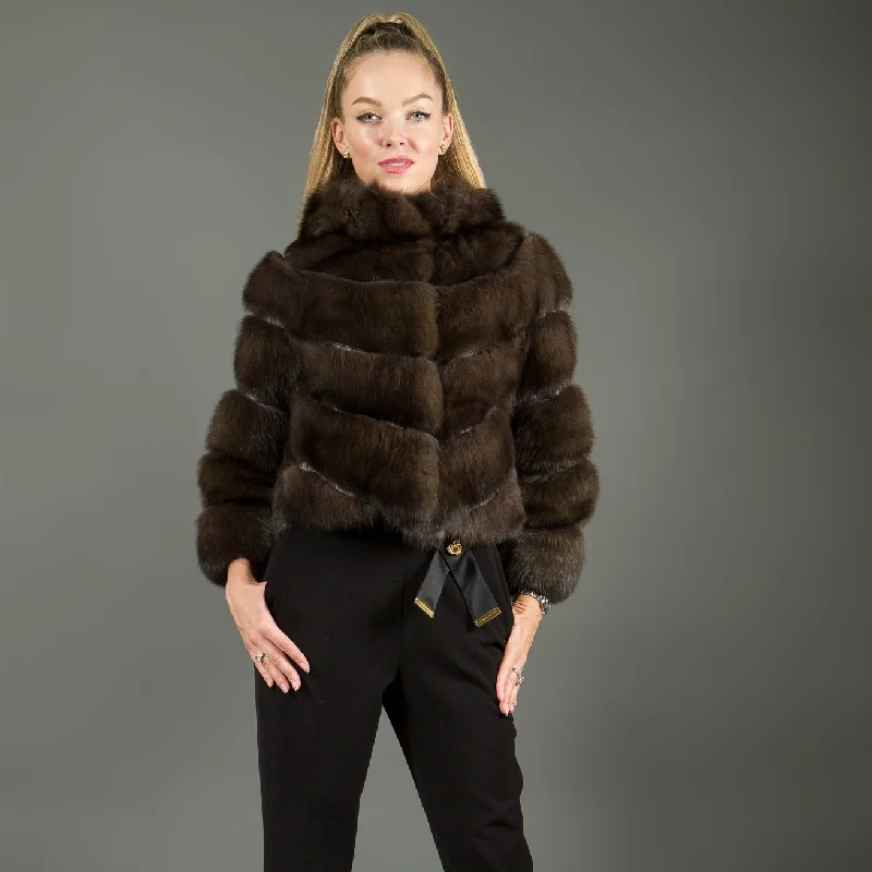 Women's Sable fur jacket with hood Welt Pockets Slit Pockets Flap Pockets